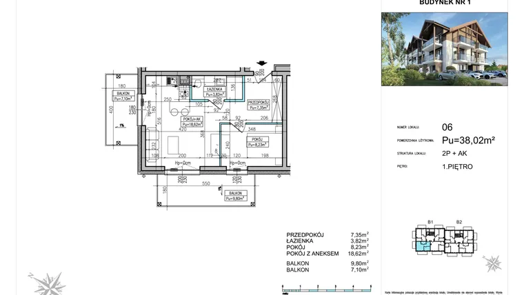Rzut - Mieszkanie na sprzedaż 2 pokoje o powierzchni 38,02 m² - numer B1-06 w Villa Vistula