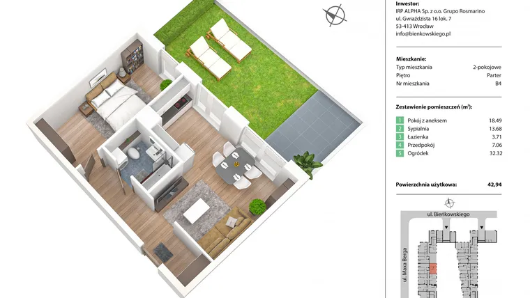 Rzut - Mieszkanie na sprzedaż 2 pokoje o powierzchni 42,94 m² - numer B4 w Nowe Żerniki Bieńkowskiego