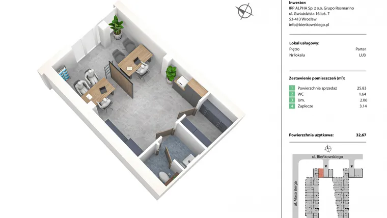Rzut - Lokal użytkowy na sprzedaż 1 pokój o powierzchni 32,67 m² - numer LU3 w Nowe Żerniki Bieńkowskiego
