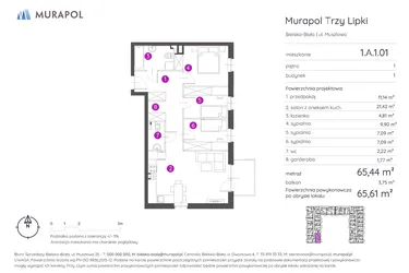 Rzut - Mieszkanie na sprzedaż 4 pokoje o powierzchni 65,61 m² - numer 1.A.1.01 w Murapol Trzy Lipki