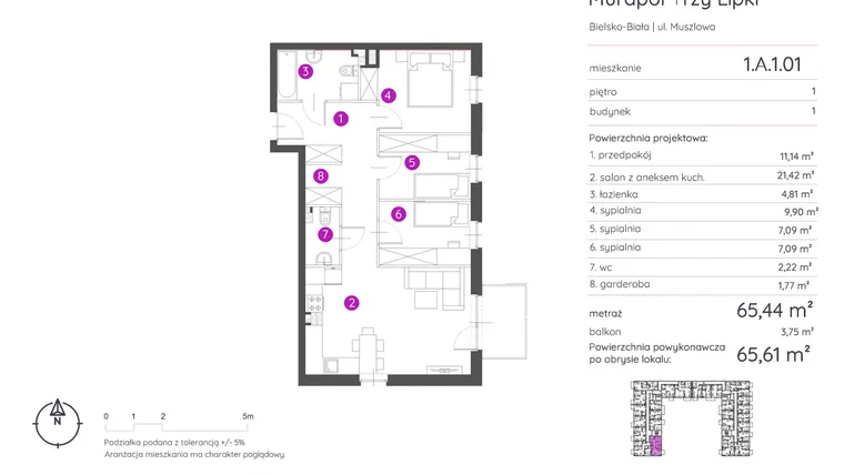 Rzut - Mieszkanie na sprzedaż 4 pokoje o powierzchni 65,61 m² - numer 1.A.1.01 w Murapol Trzy Lipki