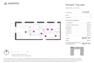Rzut - Mieszkanie na sprzedaż 4 pokoje o powierzchni 66,73 m² - numer 1.A.1.07 w Murapol Trzy Lipki