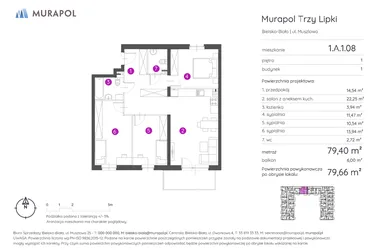 Rzut - Mieszkanie na sprzedaż 4 pokoje o powierzchni 79,66 m² - numer 1.A.1.08 w Murapol Trzy Lipki