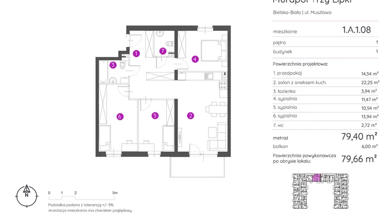 Rzut - Mieszkanie na sprzedaż 4 pokoje o powierzchni 79,66 m² - numer 1.A.1.08 w Murapol Trzy Lipki