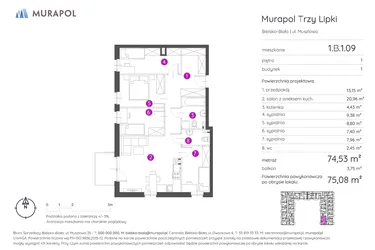 Rzut - Mieszkanie na sprzedaż 5 pokoi o powierzchni 75,08 m² - numer 1.B.1.09 w Murapol Trzy Lipki