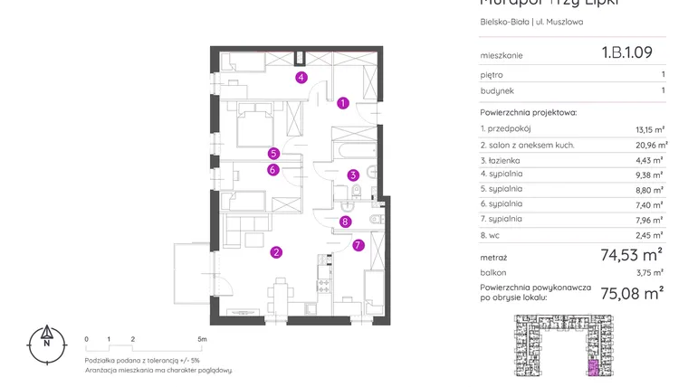 Rzut - Mieszkanie na sprzedaż 5 pokoi o powierzchni 75,08 m² - numer 1.B.1.09 w Murapol Trzy Lipki