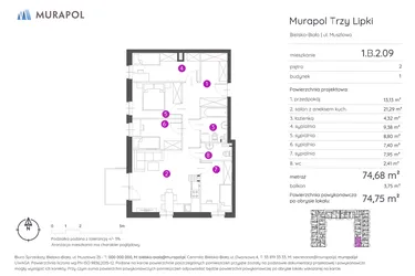 Rzut - Mieszkanie na sprzedaż 5 pokoi o powierzchni 74,75 m² - numer 1.B.2.09 w Murapol Trzy Lipki