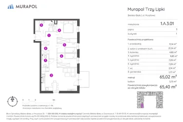 Rzut - Mieszkanie na sprzedaż 4 pokoje o powierzchni 65,4 m² - numer 1.A.3.01 w Murapol Trzy Lipki