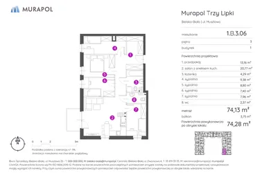 Rzut - Mieszkanie na sprzedaż 5 pokoi o powierzchni 74,28 m² - numer 1.B.3.06 w Murapol Trzy Lipki