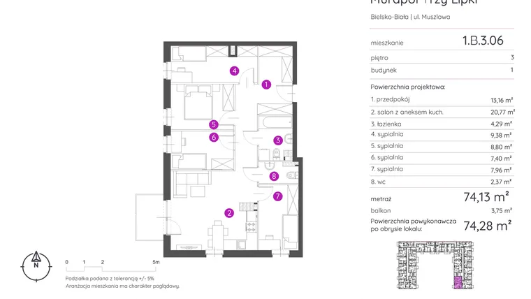 Rzut - Mieszkanie na sprzedaż 5 pokoi o powierzchni 74,28 m² - numer 1.B.3.06 w Murapol Trzy Lipki