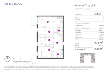 Rzut - Mieszkanie na sprzedaż 2 pokoje o powierzchni 74,51 m² - numer 1.B.3.07 w Murapol Trzy Lipki