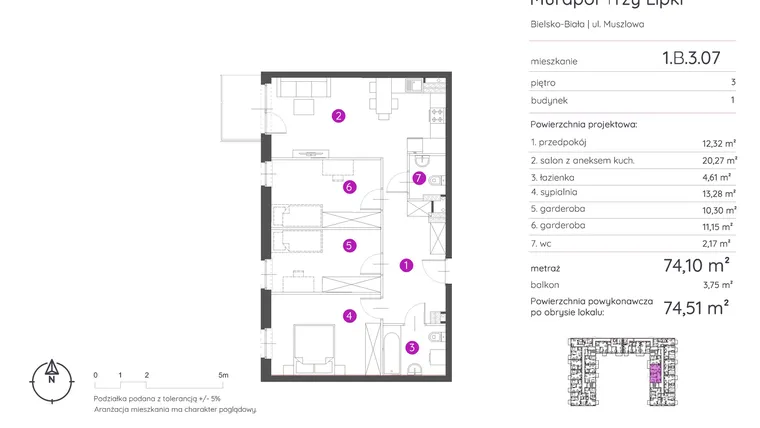Rzut - Mieszkanie na sprzedaż 2 pokoje o powierzchni 74,51 m² - numer 1.B.3.07 w Murapol Trzy Lipki