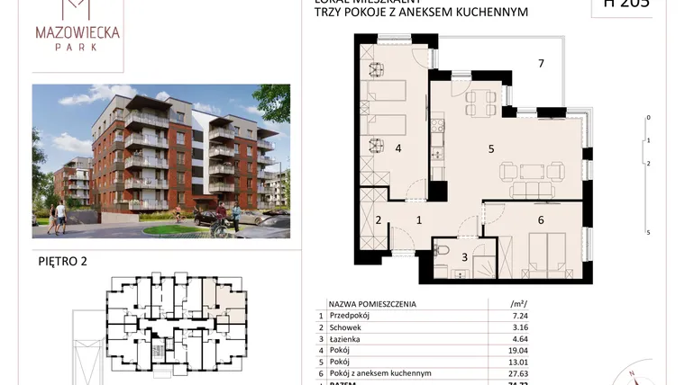 Rzut - Mieszkanie na sprzedaż 3 pokoje o powierzchni 74,72 m² - numer H.205 w Mazowiecka Park