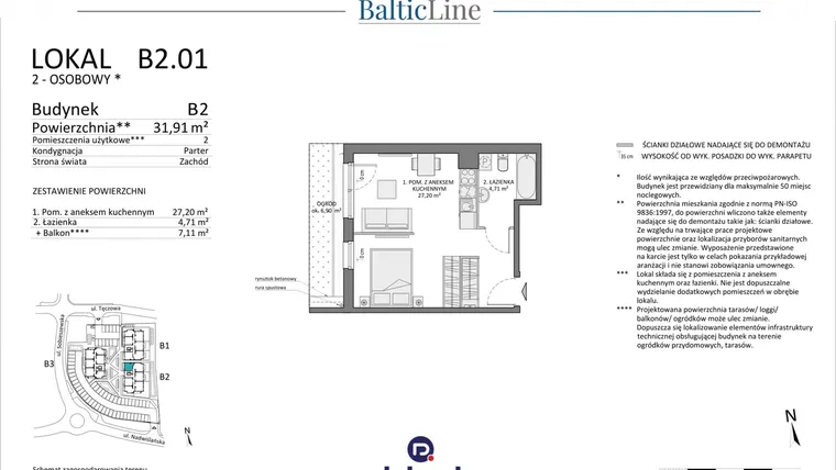 Rzut - Mieszkanie na sprzedaż 2 pokoje o powierzchni 31,91 m² - numer B2.01 w Baltic Line