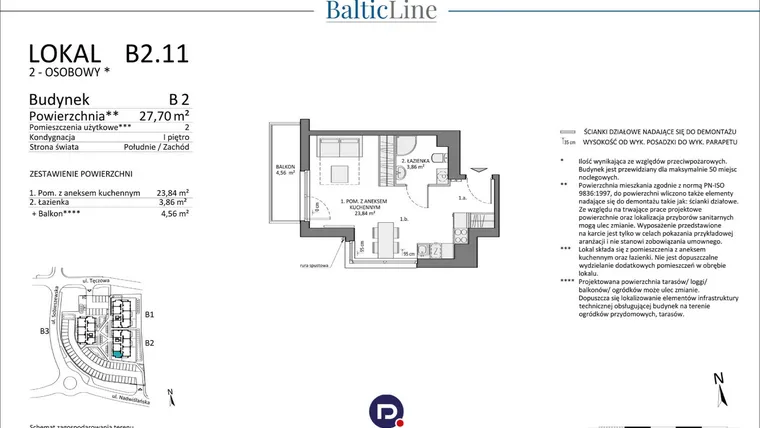 Rzut - Mieszkanie na sprzedaż 1 pokój o powierzchni 27,7 m² - numer B2.11 w Baltic Line