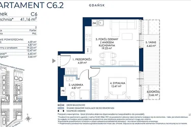 Rzut - Mieszkanie na sprzedaż 2 pokoje o powierzchni 41,37 m² - numer C6.2 w Sol Marina etap III