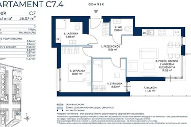 Rzut - Mieszkanie na sprzedaż 3 pokoje o powierzchni 56,38 m² - numer C7.4 w Sol Marina etap III