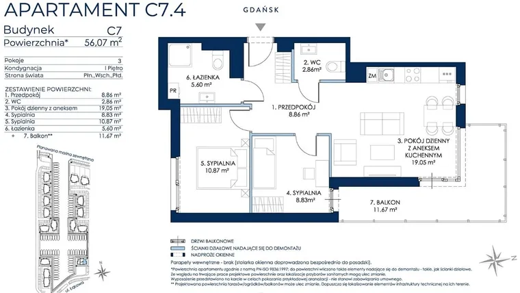 Rzut - Mieszkanie na sprzedaż 3 pokoje o powierzchni 56,38 m² - numer C7.4 w Sol Marina etap III