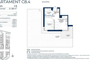Rzut - Mieszkanie na sprzedaż 2 pokoje o powierzchni 31,93 m² - numer C8.4 w Sol Marina etap III