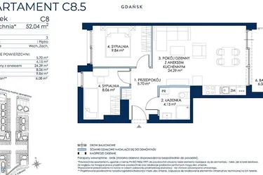 Rzut - Mieszkanie na sprzedaż 3 pokoje o powierzchni 51,19 m² - numer C8.5 w Sol Marina etap III