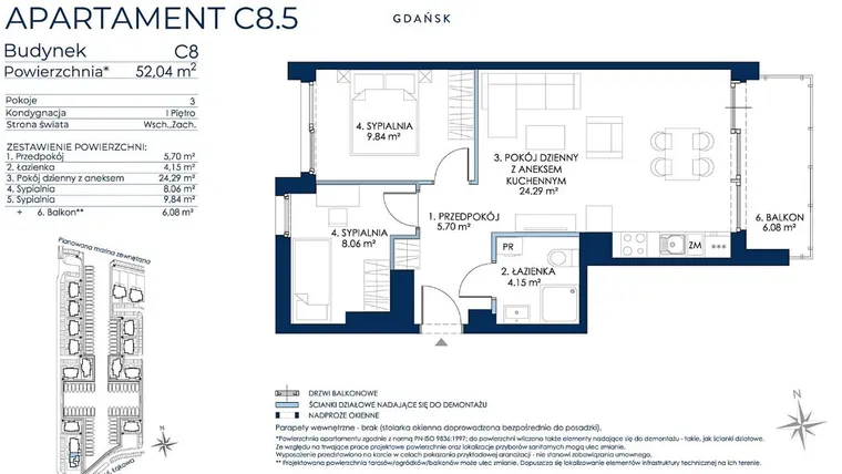 Rzut - Mieszkanie na sprzedaż 3 pokoje o powierzchni 51,19 m² - numer C8.5 w Sol Marina etap III
