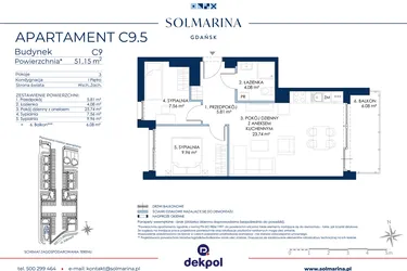 Rzut - Mieszkanie na sprzedaż 3 pokoje o powierzchni 51,15 m² - numer C9.5 w Sol Marina etap III
