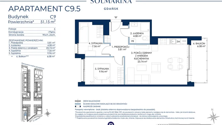 Rzut - Mieszkanie na sprzedaż 3 pokoje o powierzchni 51,15 m² - numer C9.5 w Sol Marina etap III