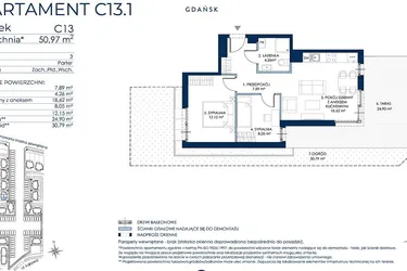 Rzut - Mieszkanie na sprzedaż 3 pokoje o powierzchni 50,7 m² - numer C13.1 w Sol Marina etap III