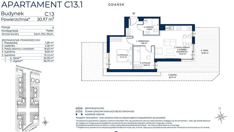 Rzut - Mieszkanie na sprzedaż 3 pokoje o powierzchni 50,7 m² - numer C13.1 w Sol Marina etap III
