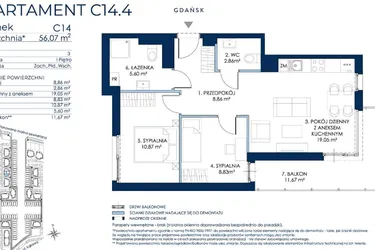 Rzut - Mieszkanie na sprzedaż 3 pokoje o powierzchni 56,04 m² - numer C14.4 w Sol Marina etap III