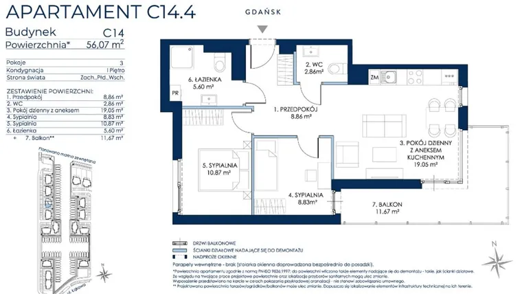 Rzut - Mieszkanie na sprzedaż 3 pokoje o powierzchni 56,04 m² - numer C14.4 w Sol Marina etap III