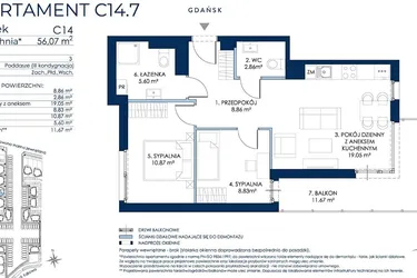 Rzut - Mieszkanie na sprzedaż 3 pokoje o powierzchni 55,56 m² - numer C14.7 w Sol Marina etap III