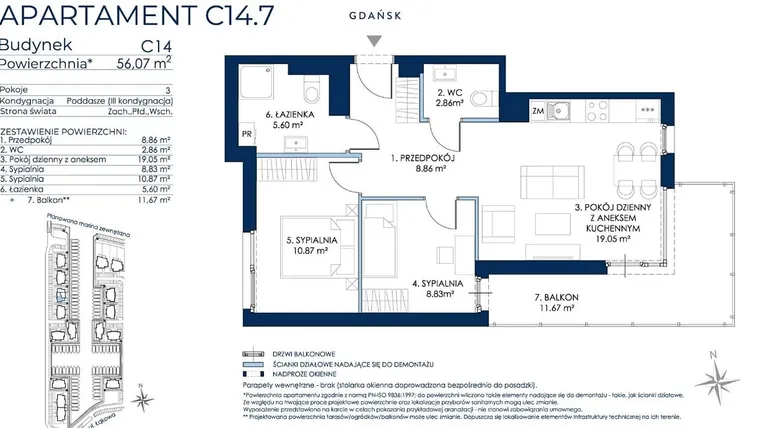 Rzut - Mieszkanie na sprzedaż 3 pokoje o powierzchni 55,56 m² - numer C14.7 w Sol Marina etap III
