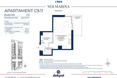 Rzut - Mieszkanie na sprzedaż 1 pokój o powierzchni 26,15 m² - numer C9.11 w Sol Marina etap III