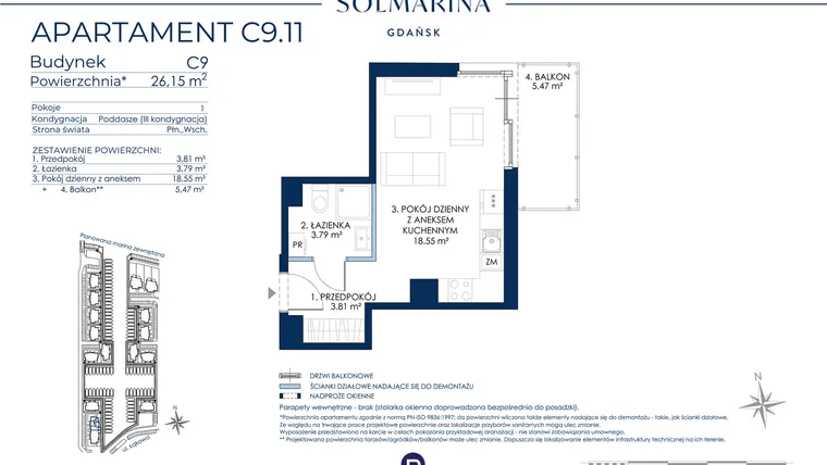 Rzut - Mieszkanie na sprzedaż 1 pokój o powierzchni 26,15 m² - numer C9.11 w Sol Marina etap III