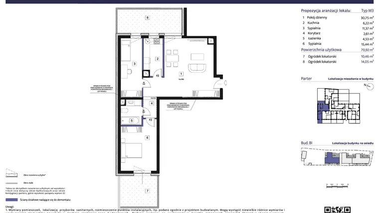 Rzut - Mieszkanie na sprzedaż 3 pokoje o powierzchni 70,82 m² - numer B1 – M0.6 w Primacasa