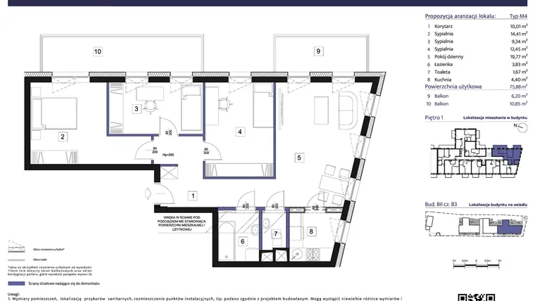Rzut - Mieszkanie na sprzedaż 4 pokoje o powierzchni 76,34 m² - numer B3 – M1.1 w Primacasa
