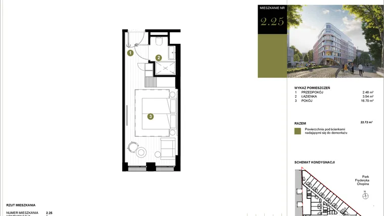 Rzut - Mieszkanie na sprzedaż 1 pokój o powierzchni 22,72 m² - numer 225 w Y3 Signature Hotel