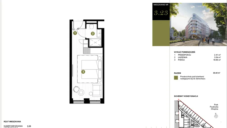 Rzut - Mieszkanie na sprzedaż 1 pokój o powierzchni 22,6 m² - numer 323 w Y3 Signature Hotel