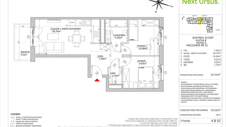 Rzut - Mieszkanie na sprzedaż 3 pokoje o powierzchni 52,57 m² - numer AC/4 B 52 w Next Ursus