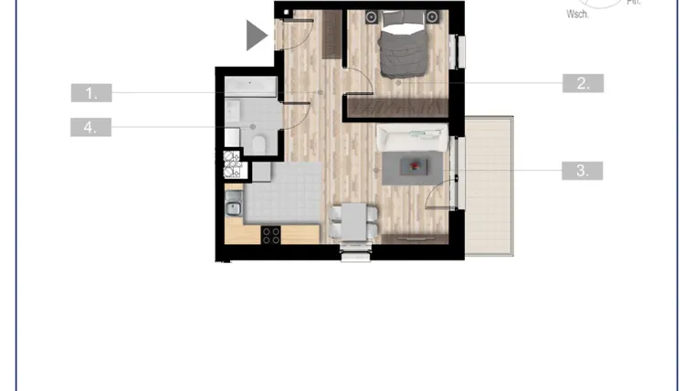 Rzut - Mieszkanie na sprzedaż 2 pokoje o powierzchni 42,96 m² - numer 56 w Szczytno Dąbrowskiego - etap 2