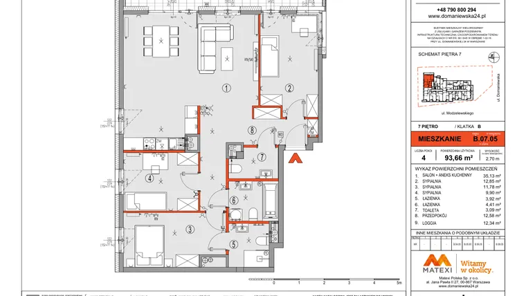 Rzut - Mieszkanie na sprzedaż 4 pokoje o powierzchni 93,66 m² - numer B.07.05 w Domaniewska 24