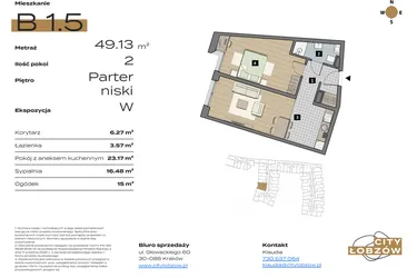 Rzut - Mieszkanie na sprzedaż 2 pokoje o powierzchni 49,13 m² - numer B 1.5 w City Łobzów