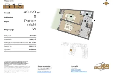 Rzut - Mieszkanie na sprzedaż 2 pokoje o powierzchni 49,13 m² - numer B 1.5 w City Łobzów