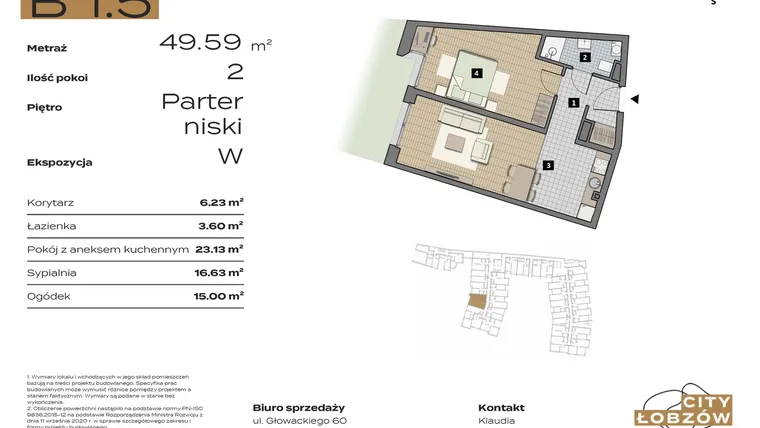 Rzut - Mieszkanie na sprzedaż 2 pokoje o powierzchni 49,13 m² - numer B 1.5 w City Łobzów