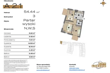 Rzut - Mieszkanie na sprzedaż 3 pokoje o powierzchni 54,44 m² - numer A 2.1 w City Łobzów