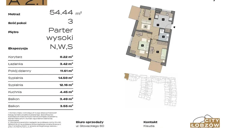Rzut - Mieszkanie na sprzedaż 3 pokoje o powierzchni 54,44 m² - numer A 2.1 w City Łobzów