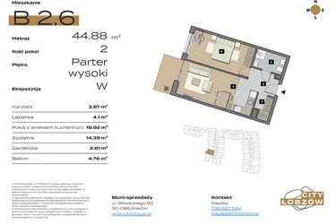 Rzut - Mieszkanie na sprzedaż 2 pokoje o powierzchni 45,18 m² - numer B 2.6 w City Łobzów