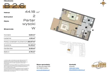 Rzut - Mieszkanie na sprzedaż 2 pokoje o powierzchni 45,18 m² - numer B 2.6 w City Łobzów