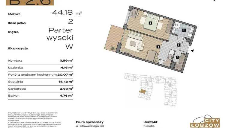 Rzut - Mieszkanie na sprzedaż 2 pokoje o powierzchni 45,18 m² - numer B 2.6 w City Łobzów